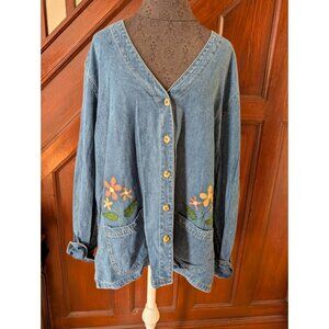 Vintage Haiks Denim Button-Up Floral Embroidered Pockets 18W Womens Casual Jacke